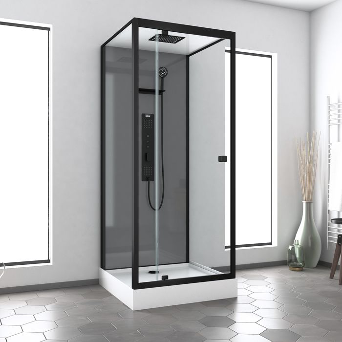 Cabine de douche Hydromassante 90x90x215 cm - Fonds Gris et Profilés Noir Mat - GREY STYLE Cabine de douche Hydromassante 90x90x215 cm - Fonds Gris et Profilés Noir Mat - GREY STYLE