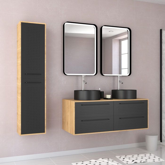 Pack meuble de salle de bain caisson + 2 vasques rondes + 2 miroirs LED + 1 colonne - UBY 120cm