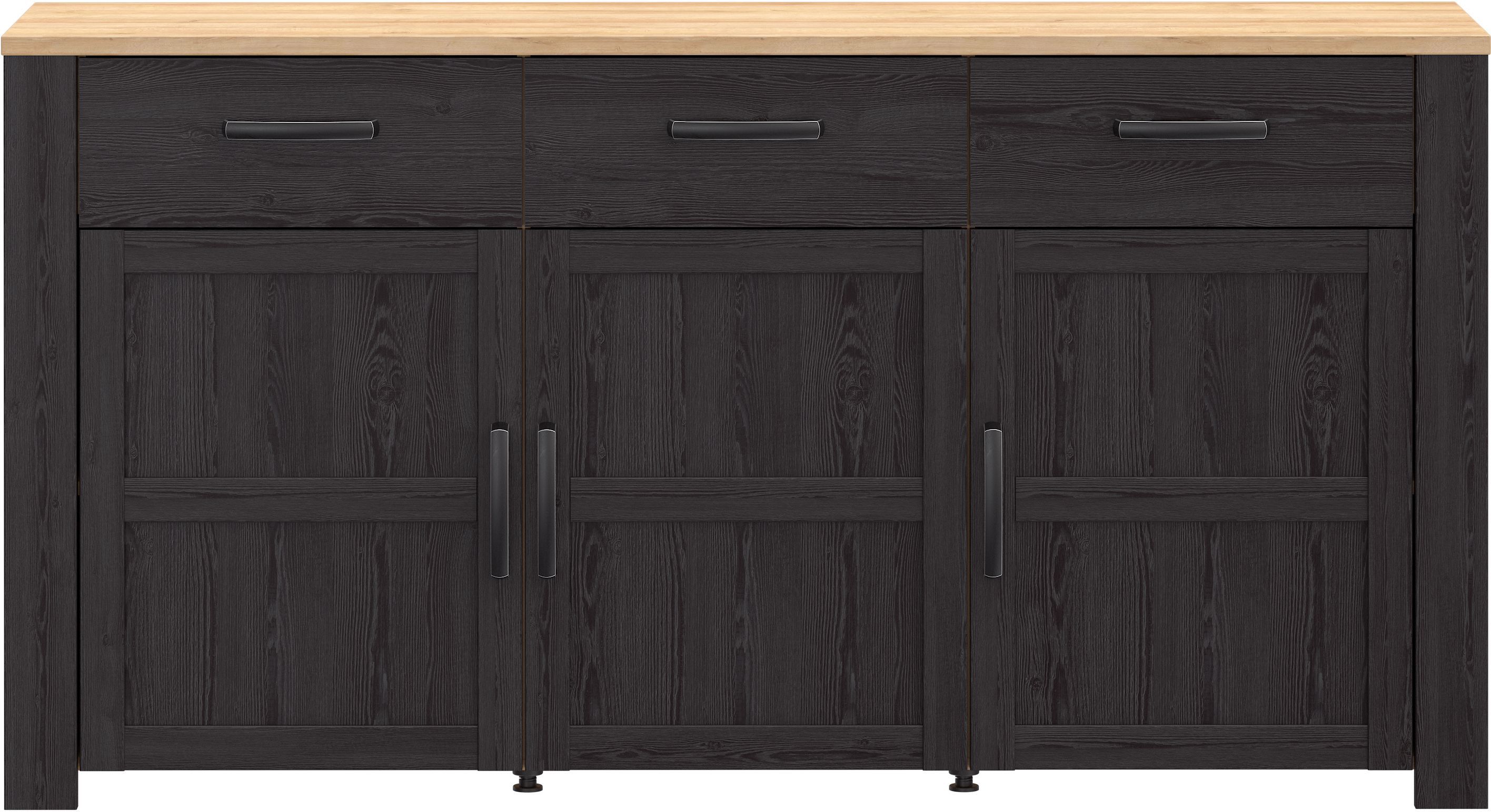Buffet BOHOL Noir – 3 Portes & 3 Tiroirs – L 1661 × P 47 × H 87 cm – Chêne Noir & Effet Bois