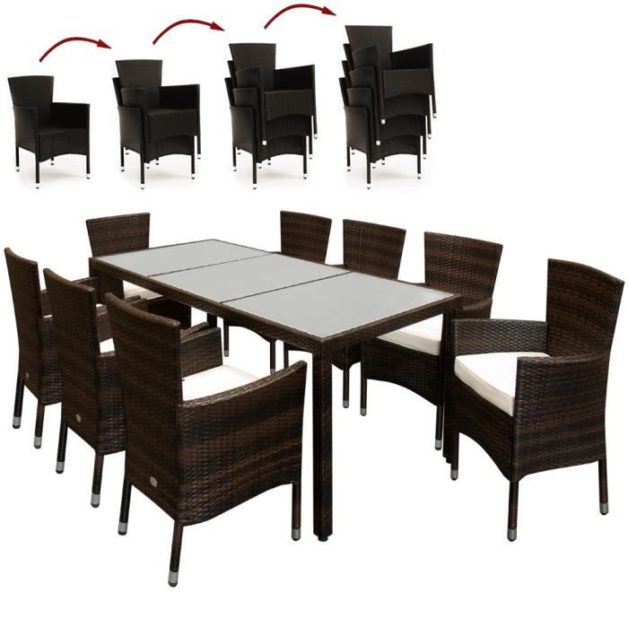 Casaria Salon de jardin 8 personnes en polyrotin Beige Marron avec chaises empilables et coussins ensemble de jardin set