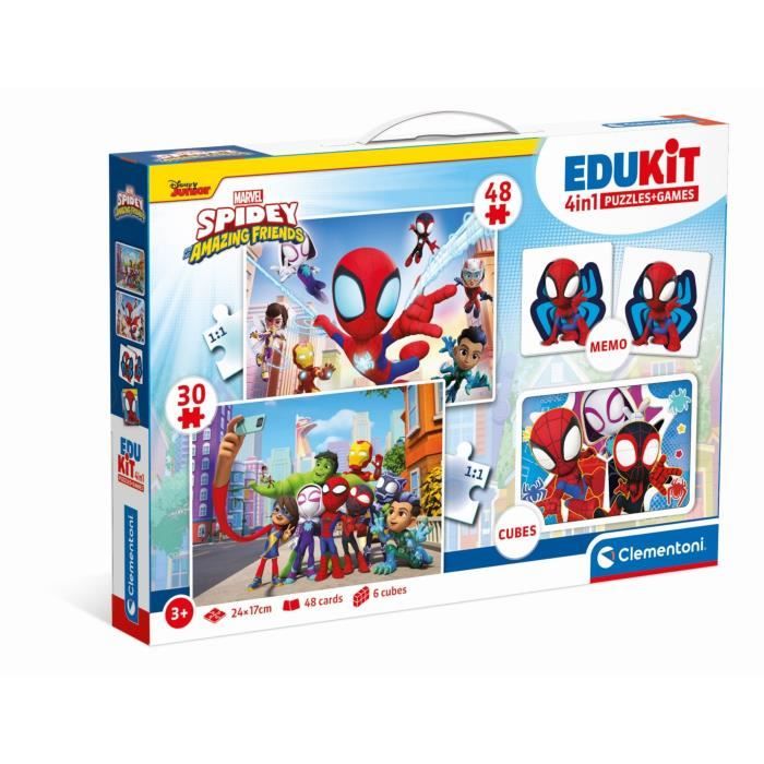 Clementoni Edukit Spidey Coffret apprentissage 4 en 1 2 puzzles 1 mémo 1 jeu de 6 cubes Fabriqué en Italie Dés