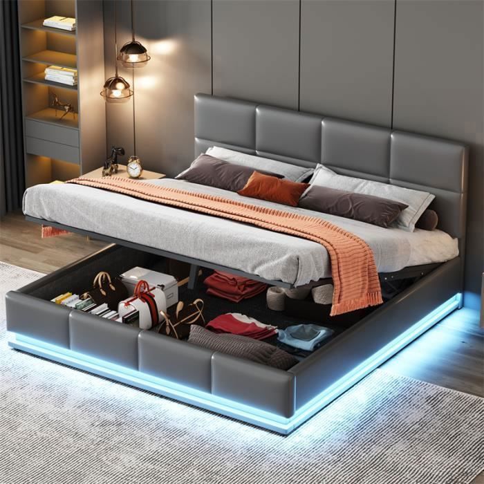 Lit coffre 160 x 200 cm - Lit capitonné LED relevable hydraulique avec sommier à lattes - Gris
