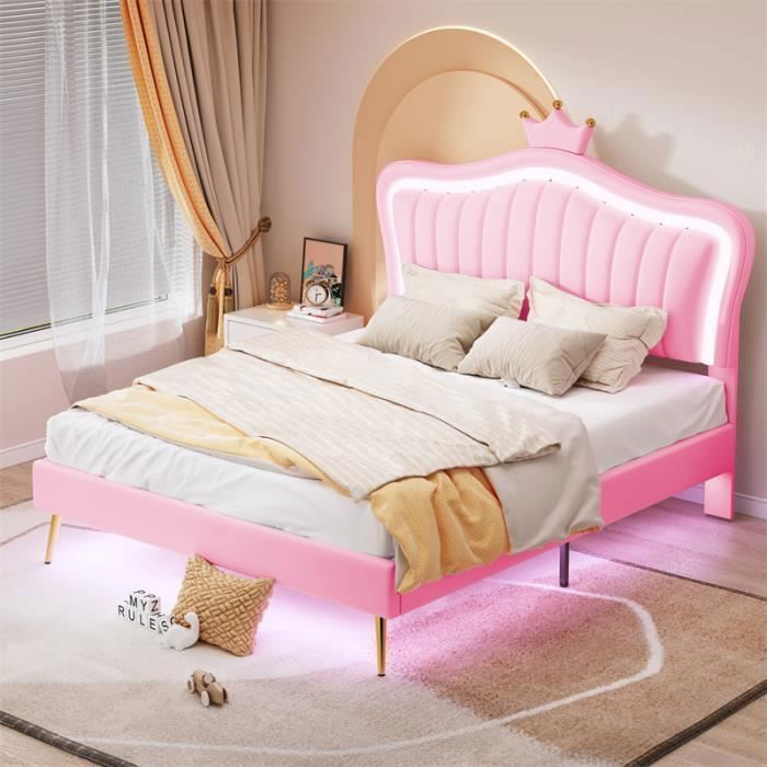 Lit enfant - DREAMMESPACE - 140x200 cm - Cuir PU - LED - Tête de lit couronne - Rose