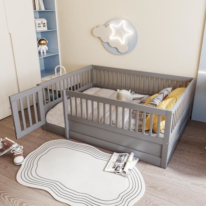 Lit évolutif - Enfant - 140x200cm - Bois massif - Gris - Sans sommier ni matelas