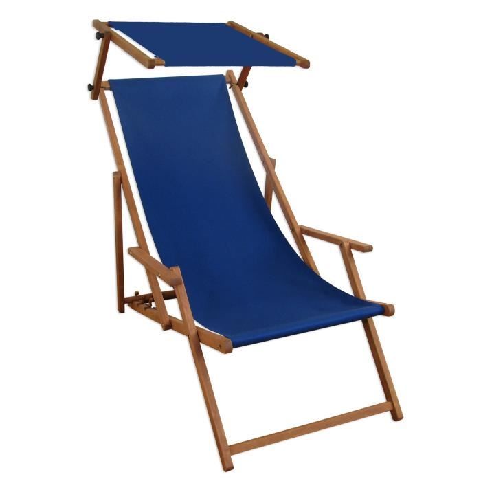 chaise longue de jardin bleue, chilienne, bain de soleil pliant avec pare-soleil 10-307s