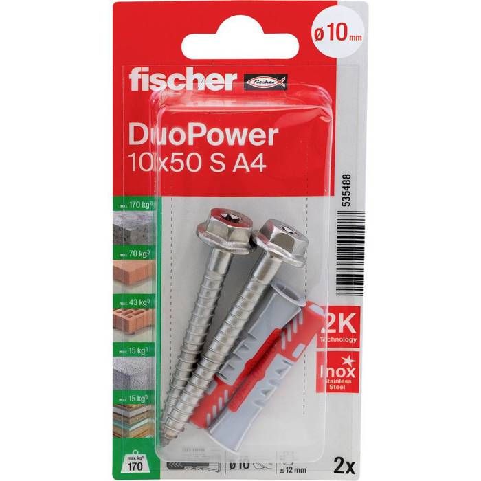 O91 Fischer DuoPower 10 x 50 S A4 - Set 2 chevilles et 2 vis 7,0 x 69