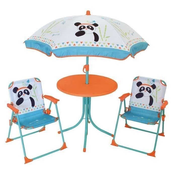 FUN HOUSE 713095 INDIAN PANDA Salon de jardin avec une table, 2 chaises pliables et un parasol pour 