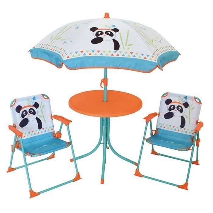 FUN HOUSE 713095 INDIAN PANDA Salon de jardin avec une table, 2 chaises pliables et un parasol pour 