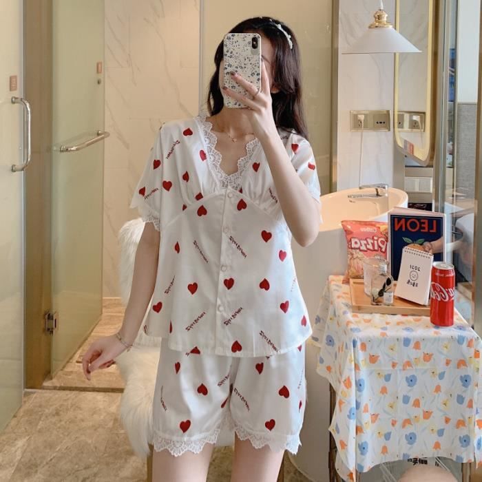 Vêtement Nuit Polyester Pyjama Satin Femme Pièces Haut Manches