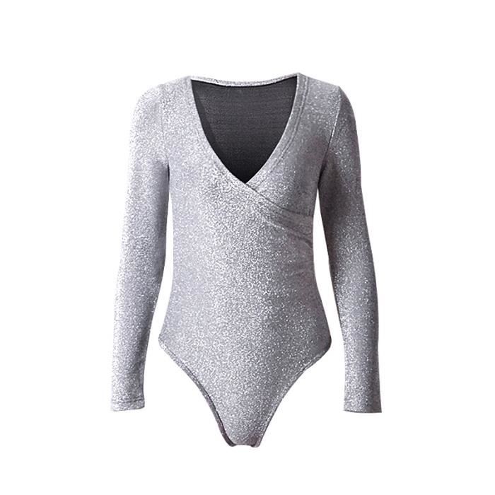 Body Femme Manches Longues Col Roulé Gris Foncé - Matière Stretch, Fermeture Entrejambe Boutons, Taille Ajustée | Pour Tous Les Jours, Tenue Basique