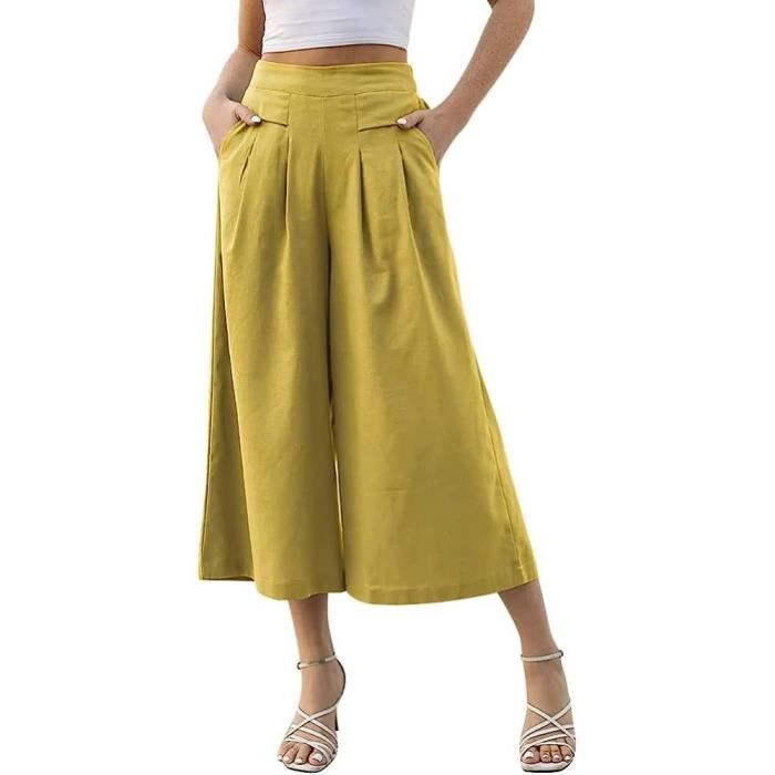 Voqeen Pantalon Femme été 7/8 Coton | Pantacourt Ample à Cordon Avec Poches - Style Plage Décontracté