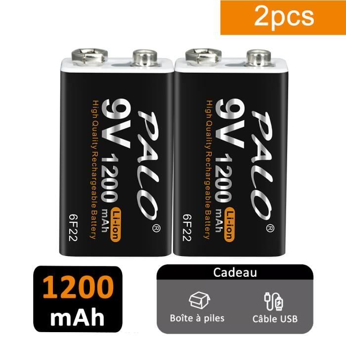 PALO Lot de 2 Piles 9 V 1200 mAh PP3MN16046F226LR61 Batterie au Lithium Rechargeable USB avec