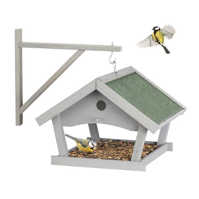 Relaxdays Mangeoire dextérieur pour oiseaux à suspendre nichoir en bois H x L x P : 35 x 42 5 x 40 5 cm grise