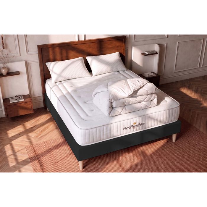 Ensemble sommier matelas 140x190 Lancaster Ressorts ensachés et mémoire de forme - 22 cm - Ferme - sommier Noir + 2 oreillers + coue