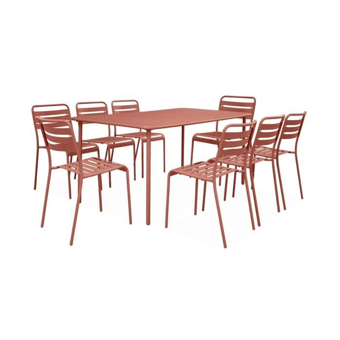 Table de jardin métal + 8 assises terracotta traitement antirouille. lattes et bords arrondis
