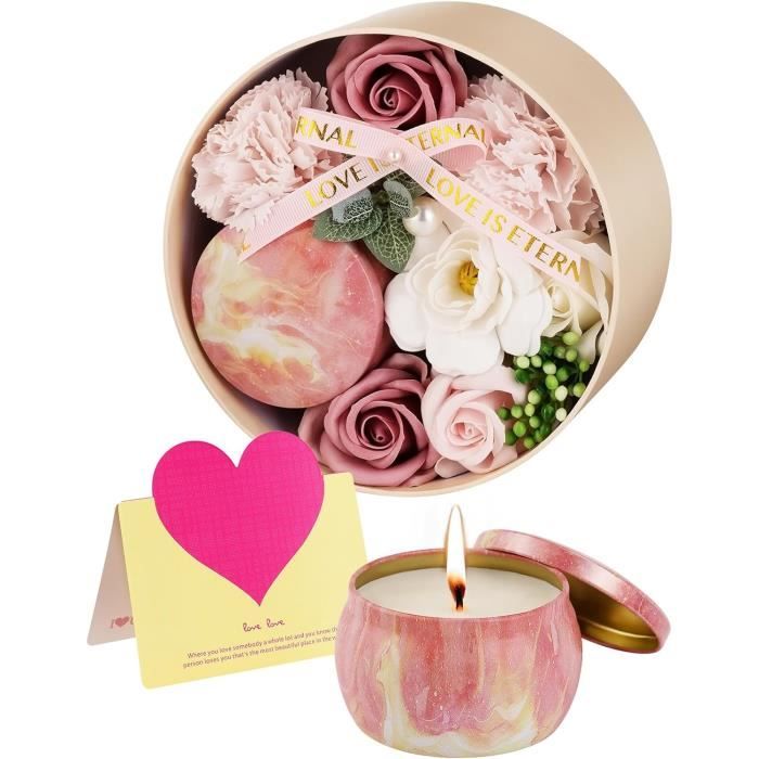 Coffret Cadeau Femme Avec Bougie Parfumée Et Fleur En Savon - Boîte Ronde, Rose Artificielle - Pour Maman, Anniversaire, Fête Des Mères, Saint-Valentin