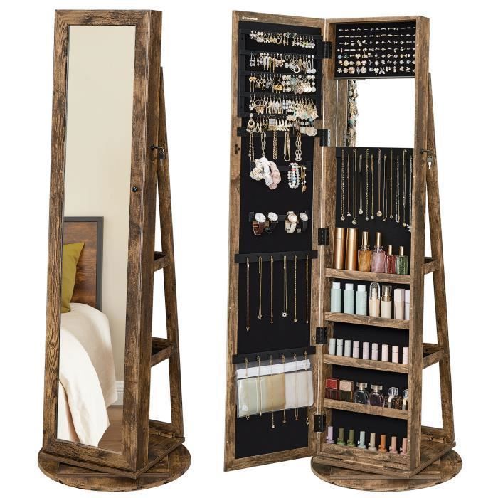 Armoire à bijoux avec grand miroir psyché Organisateur de bijoux étagères de rangement à larrière Marron Rustique Armoire à bijoux avec grand miroir psyché Organisateur de bijoux étagères de rangement à larrière Marron Rustique