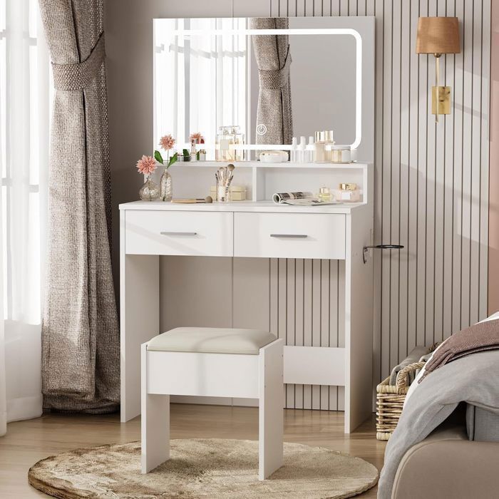 Coiffeuse Avec Miroir LED, 2 Tiroirs, Étagères De Rangement, Style Moderne, Blanc,avec Tabouret
