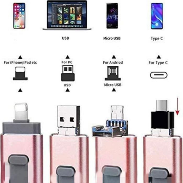 Clé USB 128 Go - I-flash - 3 en 1 - Compatible iPhone/iPad/Android - USB 3.0 - Mémoire Flash