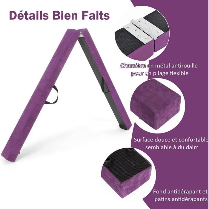 HOMCOM Poutre de gymnastique pliable poutre d'équilibre antidérapante 2,1 m  revêtement daim violet pas cher 