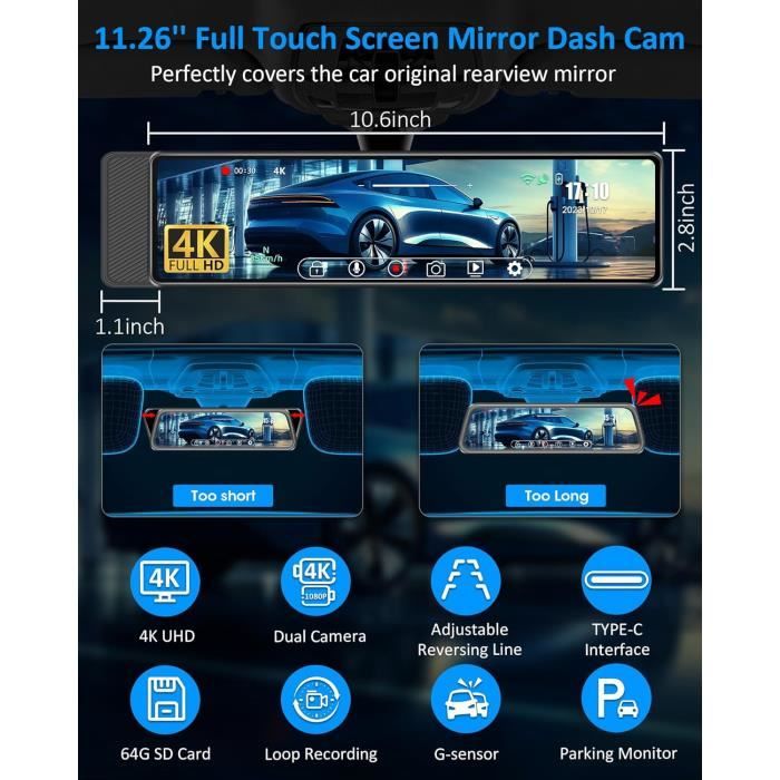 Dashcam 4K 11,26-Pouce Dashcam Retroviseur Avec Caméra De Recul Dashcam  Voiture Avant Arrière Sans Fil Dash Camera Voiture Av[X424] - Cdiscount Auto