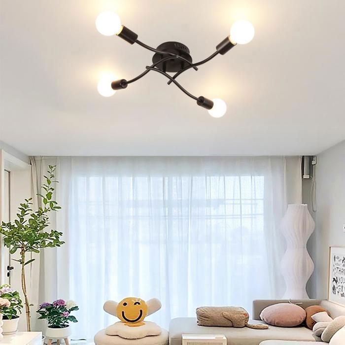 Plafonnier Industriel E27 Lampe De Plafond Moderne 4 Lumières Lustre Suspension Intérieur Noir - Spot et plafonnier