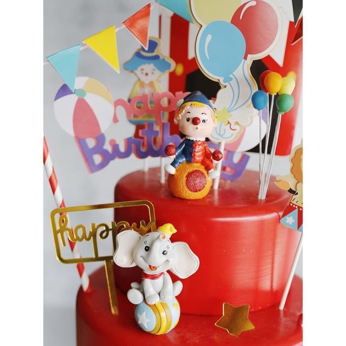 FIGURINE DECOR DE GATEAU,9--Décoration de gâteau'anniversaire pour enfants,  Costume de fête de cirque, Clown, éléphant, carte de Des