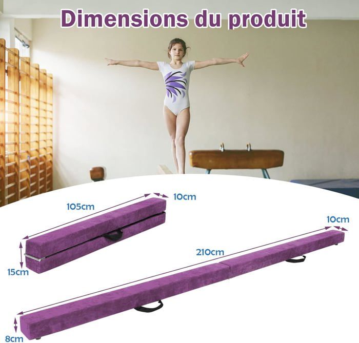 Poutre D'Équilibre Pliable 245 Cm - 5 Hauteurs Réglables, Pour Enfants, Gymnastique à Domicile, Violet