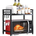 CALDION Support d'étagère pour micro-ondes en acier carbone - Étagère extensible 2 niveaux - 6 crochets - Noir