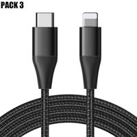 3x Câble USB-C vers Lightning Rapide 3A pour iPhone 14 Pro Max, 14 Plus, 13 Pro Max, 13 mini, 12 11 - Nylon Tressé Noir 1M