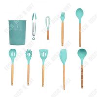 changm- Lot ustensiles ensemble outils de cuisine 10 pièces en bois couleur vert spatule cuillère silicone bâton fouet culinaire