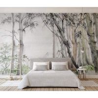 Papier Peint Panoramique Forêt Bambou Noir Et Blanc Sur Mesure Soie 3d Paysage,RéTro Bambou Vert Feuillage Chambre Poster 250x175cm