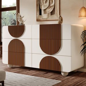 Buffet moderne 121x41x71cm - 6 tiroirs coulissants silencieux - Conception géométrique - Blanc + Marron