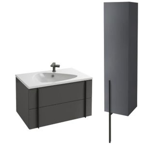 MEUBLE VASQUE - PLAN Meuble lavabo simple vasque 80 cm JACOB DELAFON Nouvelle Vague gris brillant + colonne de salle de bain version droite