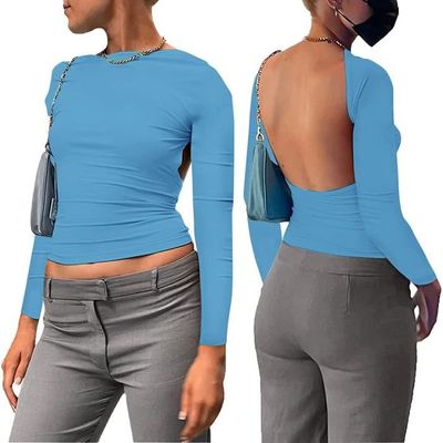 Haut Court En Tricot à Manches Longues Pour Femme, Dos Nu, Côtelé