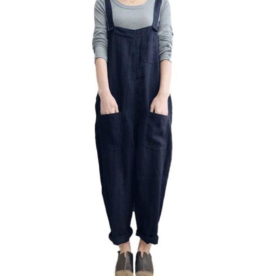 Femme Combi Pantalon en Lin,Combinaison Baggy Décontracté Combinaison Été Rétro Ample Jumpsuit