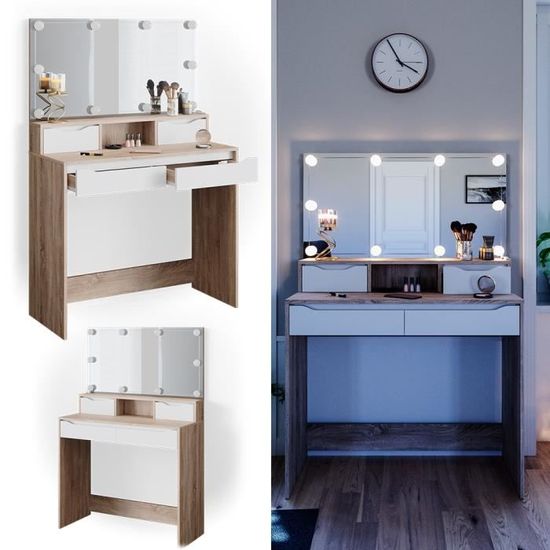 Ensemble Coiffeuse Conrada Vicco – Blanc Sonoma – Miroir + Tabouret + 4 Tiroirs