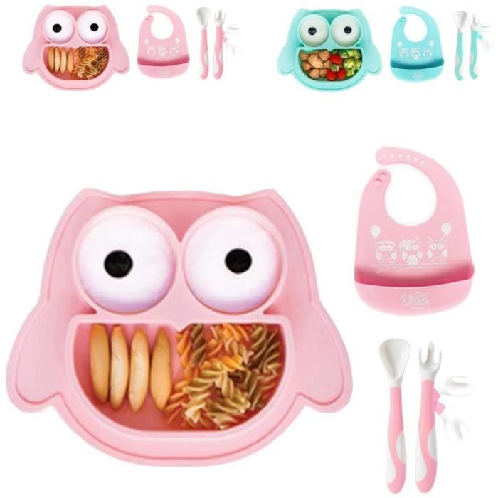 Brunoko Vaiselle bebe set Assiette ventouse bébé + bebe couvert + bavoir bébé 3 en 1 - Assiette enfant en Silicone Antidérapante ave