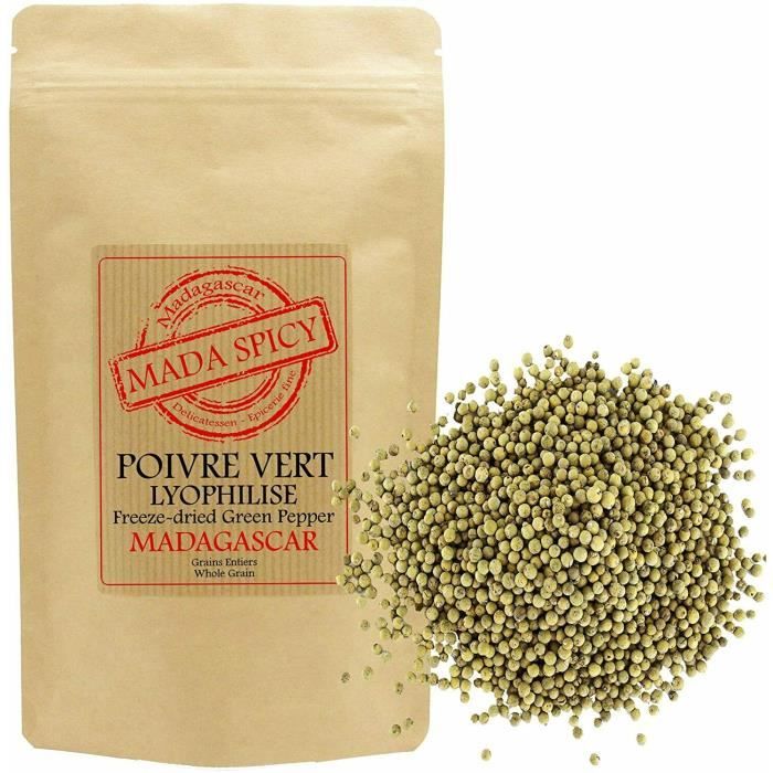 Poivre vert lyophilisé de MADAGASCAR 18gr en sachet kraft alimentaire avec zip.