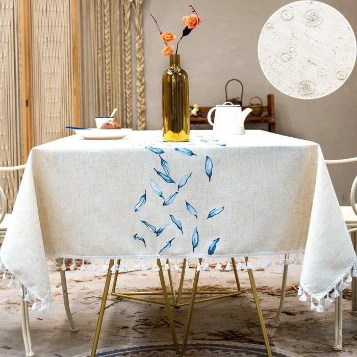 SUNBEAUTY Table Cloth Waterproof Nappe Rectangulaire Imperméable Lin Coton Tablecloth Rectangle 140x220 cm Tassel Nappe Elegante