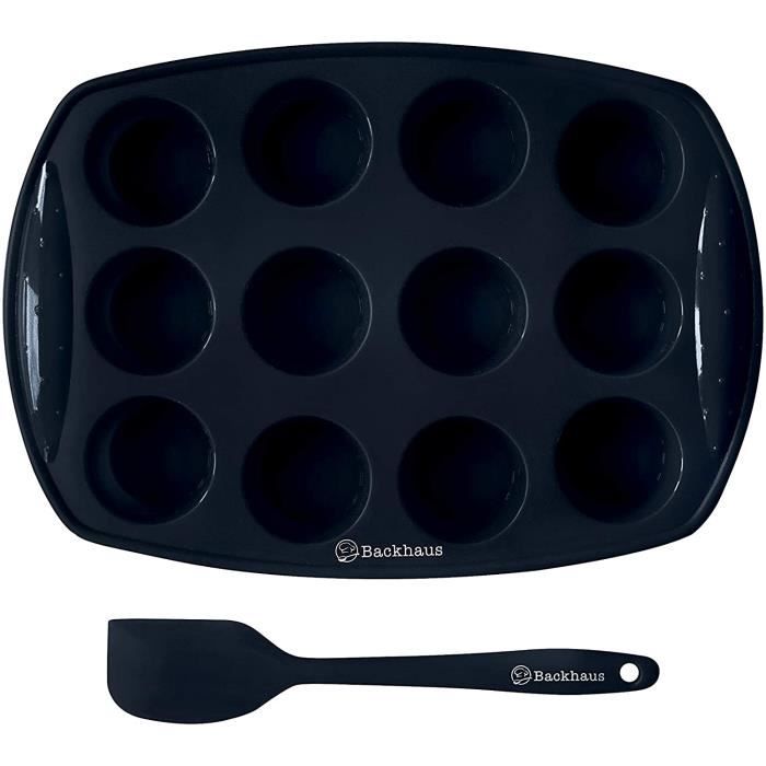 Backhaus Moule à Mini Muffins 12 cavités avec Spatule Maryse, Set à Pâtisserie Anti Adhérent, Moule à Brownie - Cupcake en Silicone