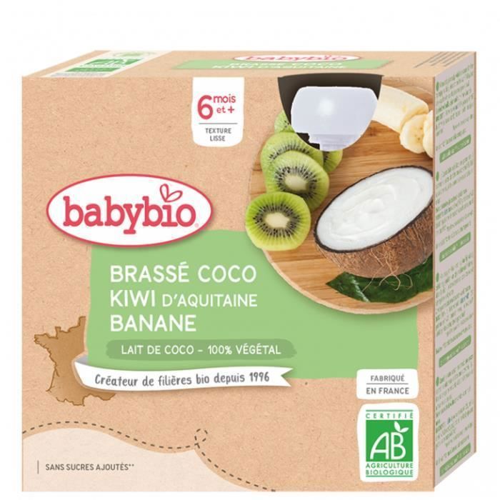 Babybio - Gourde Brassé Lait de coco Kiwi Banane - Bio - 4x85g - Dès 6 mois