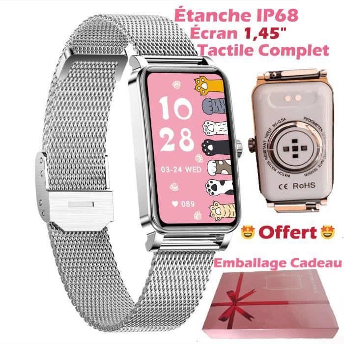 Montre Connectée Femme Boîtier Rectangulaire Smartwatch Sport Étanche IP68 Grand Écran Tactile 1,45- Bracelet Alliage Couleur Argent