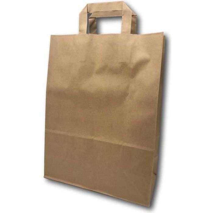 100 Sacs Papier taille moyenne kraft écru avec poignée 11 litres largeur 26 cm, hauteur 35 cm, soufflet 12- sac cabas à anse plate s