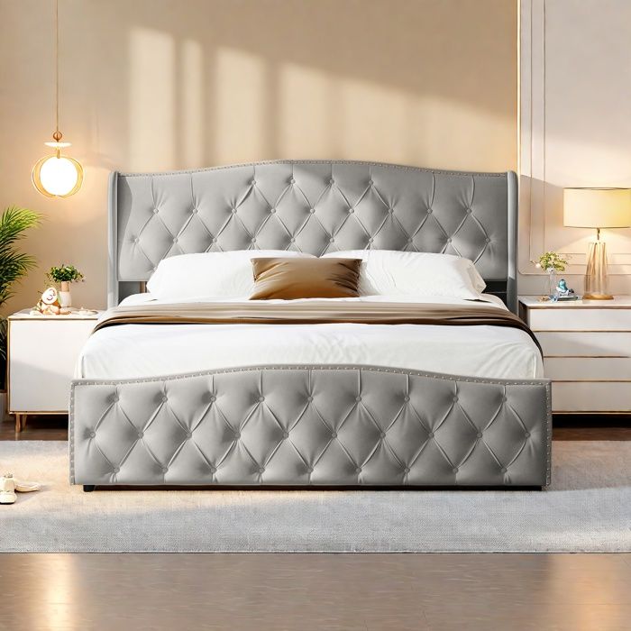 Lit capitonné 140 x 200 cm lit double hydraulique lit continental en flanelle lit coffre lit double adulte gris