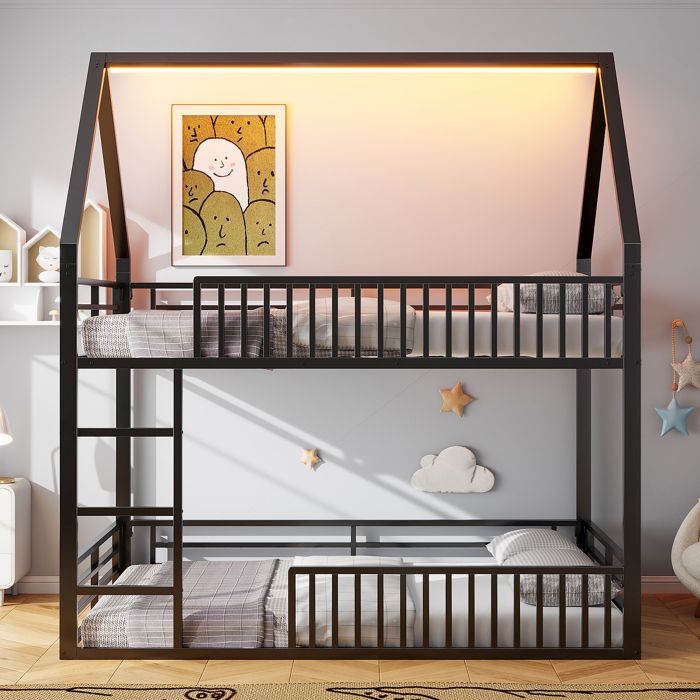 Lit superposé maison SEYAKANY 140 x 200cm avec barrière et éclairage LED lit enfant noir