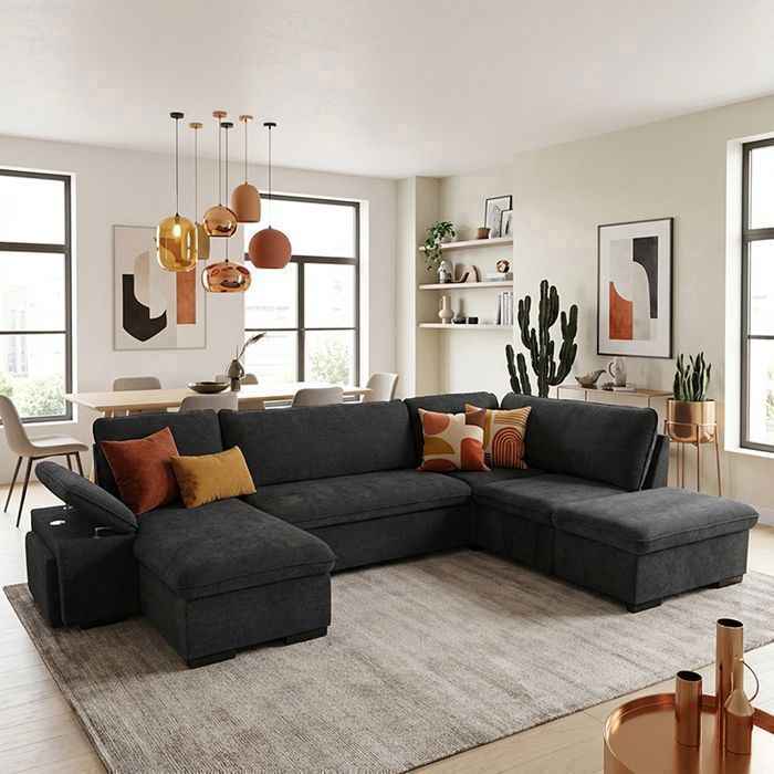 ALYA Canapé dangle panoramique convertible Noir light black (tissu lisse) - Taille XL - 6 places - 315 x 210 x 89
