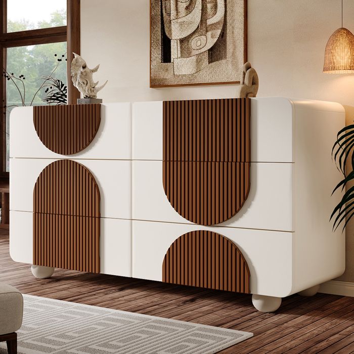 Buffet moderne 121x41x71cm - 6 tiroirs coulissants silencieux - Conception géométrique - Blanc + Marron Buffet moderne 121x41x71cm - 6 tiroirs coulissants silencieux - Conception géométrique - Blanc + Marron