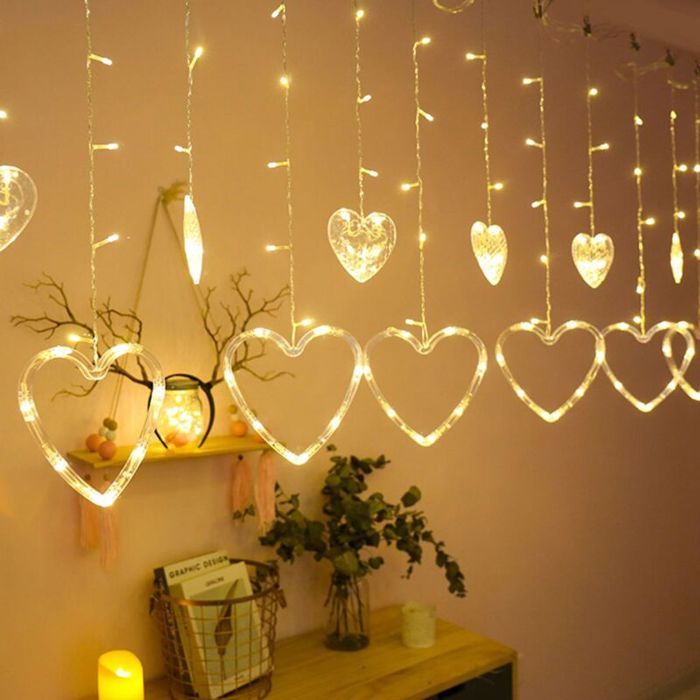 Rideau lumineux LED en forme de cœur guirlande lumineuse 8 modes déclairage décoration de fête 3 m blanc chaud