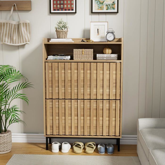 GOOBUY Armoire à Chaussures Meuble à Chaussures Inclinable 3 Compartiments Étagères Réglable 80 x 24 x 117cm Bois Naturel